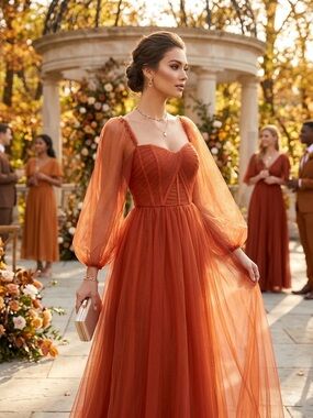 Romantic Burnt Orange Maxi Tulle Dress with Sheer Bishop Sleeves